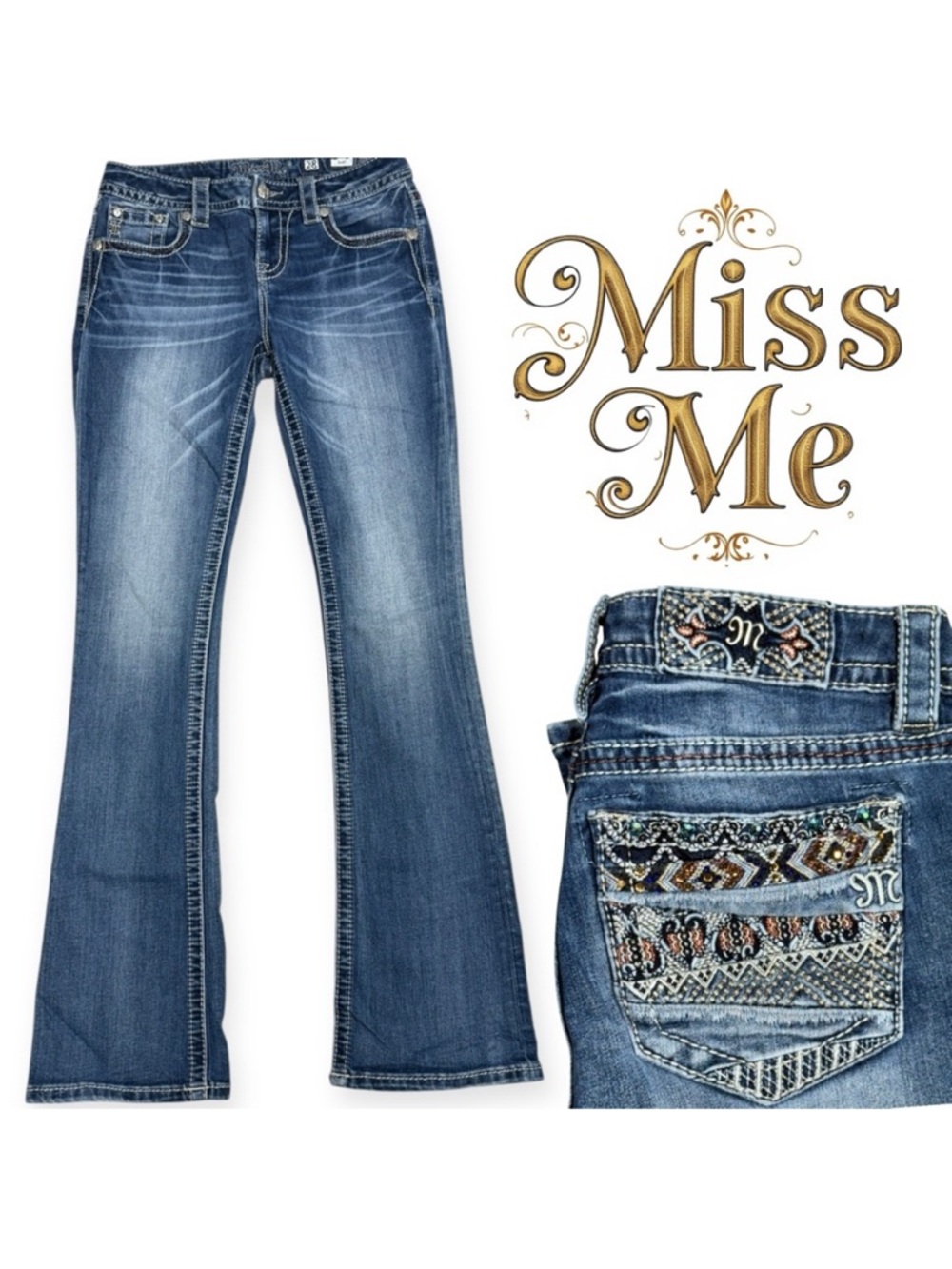 Miss Me Mid Rise Bootcut Jeans with colorful embroidery and jewel embellishments